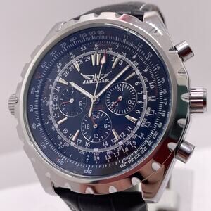 Jaragar Automatic Mens Mechanical Watch Silver Black Leather Works Running